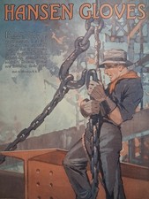 1919 HANSEN GLOVES 10.5x13.5 PRINT AD Working MAN Iron Worker BLUE COLLAR picture