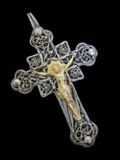 Antique XIX Silver filigree crucifix cross pendant religious jewelry  picture