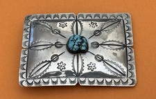 VTG Signed A. L. Becenti Handcrafted Stamped Nickel Silver Turquoise Belt Buckle picture