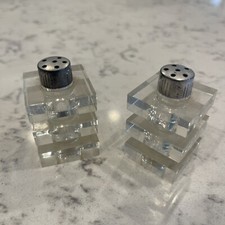 Vintage ART DECO Era CLEAR LUCITE CUBE SALT + PEPPER Shakers BLN picture