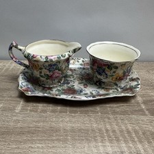 James Kent Rosalynde Chintz Creamer Sugar Bowl Tray Set England READ picture