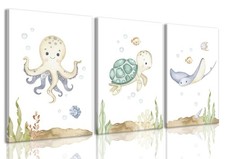 Ocean Nursery Wall Art Set of 3 Sea Animal Baby Boys Room Canvas Prints | Wat... picture