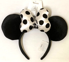 BNWT Disney Parks Minnie Mouse Polka Dot Black and White Satin Bow Ears Headband picture