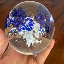 Murano Style Blue & White Hand-Blown Art Glass Paperweight Floral Burst Dome picture