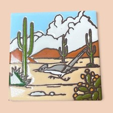 Earthtones Roadrunner Tile Trivet by Leone Kuhne Southwestern Cactus 6” picture