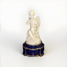 1889 SEVRES Biscuit Porcelain Cupid Statue Cobalt Blue Gold Base Antique picture