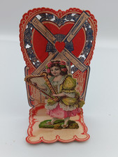 Antique Germany Valentines Fold Out Die Cut Card Victorian Girl Harp Windmill picture