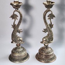 Vintage Pewter Dolphin/ Koi Fish Candlestick Holder Pair Hollywood Regency Style picture