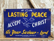 VINTAGE CHURCH PORCELAIN SIGN CHRISTIAN BIBLE GOD LORD LANCASTER CHRIST RELIGION picture