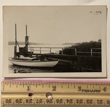 RARE WORLD WAR II MILITARY BOAT AT DOCK ORIGINAL B&W PHOTOGRAPH 4 X 2.5 INCHES picture