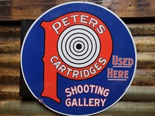 VINTAGE PETERS CARTRIDGE PORCELAIN SIGN OLD FLANGE GUN AMMO RIFLE SHOOTING RANGE picture