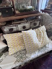 Rare Antique Vintage 1940's Feather Ticking Pillow Pair Shabby Chic Farmhouse picture