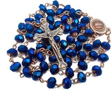 Deep Blue Crystal Beads Rosary Catholic Necklace Antique Holy Soil Medal & Cross picture