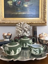 Vintage Wedgwood Olive Green Jasperware Tea Set Trio Teapot-Sugar Bowl & Creamer picture