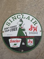 VINTAGE SINCLAIR GASOLINE S & H GREEN STAMPS PORCELAIN FUEL PUMP SIGN 12