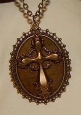 Lacy Filigree Rimmed Shiny Raised & Festooned Brasstone Cross Pendant Necklace picture