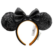 Disney- Parks Minnie Mouse Sequin Spiderweb Halloween Ears Headband Black Bow picture