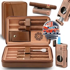 Humidor De Puros, Estuche De Cuero Y Madera De Cedro Con Encendedor US NUEVO picture