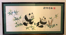  Vintage Chinese Hand Embroidered Silk Art Large Framed Pandas Bamboo 41