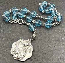 Vintage Creed Saint Ann Bracelet Rosary Blue Crystal Beads Silver Tone picture