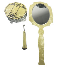 Vintage Celluloid Trinket Box Handheld Mirror Nail Manicure 3 Piece Set picture