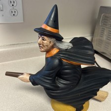 Vintage Primitive Halloween Ceramic Witch Flying on Broomstick Figure Scary  picture