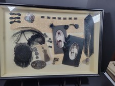 VICTORIAN SHADOW BOX ANTIQUE OLD LACE ROMANTIC 1800'S BEADED PURSE HAIR BARRETTS picture