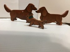 3 Handmade Wooden Handpainted Free Standing RED DACHSHUND Magnets/Pins/Ornaments picture