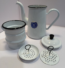 French Drip Coffee Pot Biggin Vintage White Enamel 5 Piece Black Trim Esco 4 Cup picture