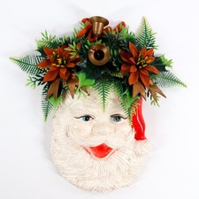 Vintage Santa Plastic Flocked Flowers 1970s Kitschy Wall Hanger Bells Hong Kong picture