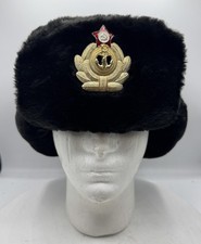 Russian Ushanka Winter Hat Black Faux Fur Soviet Union Navy Anchor Badge picture
