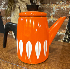 Cathrineholm Vintage Enamel Tea Kettle Orange/White Leaf Pattern Black Handle picture