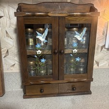 Vintage Wood Bluebird Wildflowers Spice Cabinet Apothecary Glass Cottagecore picture