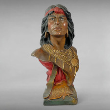 Antique Early 20th Century Hiawatha Chalkware Bust with Red Drape - 19.5