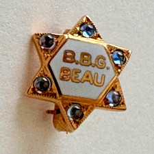 Vintage BBYO BBG Beau Pin Gold Tone Star of David, Blue Stones w/ Box picture