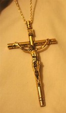 Handsome Large Line-Beveled Goldtone Crucifix Cross Necklace picture