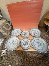 Vintage Jingdezhen Blue and White Rice Grain Dragon Porcelain Plates Set of 6 picture