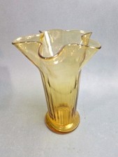 Vintage Amber Glass Vase Ruffled Star Shape picture
