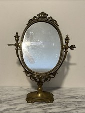  Vintage French Brass Swivel Vanity Mirror, Art Nouveau Tabletop Mirror picture