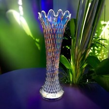 Antique Northwood Diamond Point Carnival Glass Swung Vase Electric Blue picture