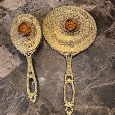 Vintage Ormolu filigree 24 KT Gold Plated Jeweled Hand Mirror Brush topaz picture