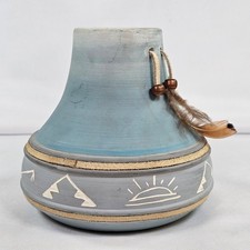 Vintage Native Pottery Dakota Sun CJM Signed Vase Blue Grey Southwestern 5 Inch picture