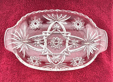 Vintage Relish Dish w/ Handles Clear Pressed Glass Oval Starburst Floral picture