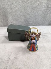 Alsan Victorian Enameling Enamel Gold Gilt Winged Angel Bell Christmas Ornament picture