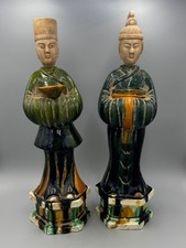 Pair Ming‑Style Sancai Pottery Attendant Tomb Figurines Display Statues 20'' picture