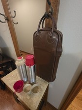Vintage LL Bean Thermos Set - Leather Carrier Caddy, 2 Quart Bottles, Aluminum  picture