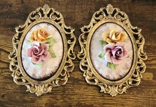 Vintage Capodimonte Italy Porcelain Floral Wall Plaques Gold filigree Frame Pair picture
