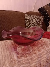 Vintage Art Glass Ruby Red Cranberry Hand Blown Bowl Scalloped  Pedestal 9