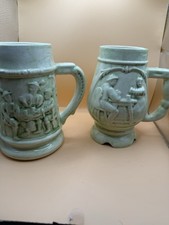 Vintage 1972 Green Glazed Pottery Beer Stein Mugs Relief Tavern Figures Lot 2 picture