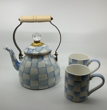 MacKenzie Childs New Sky Check Light Blue 2 Qt Tea Pot Kettle 2 Porcelain Mugs picture